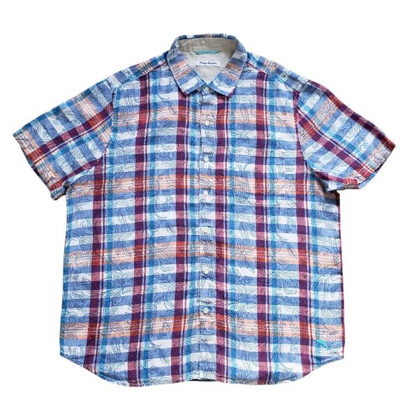 Tommy Bahama Hawaiian Shirt Mens XL Blue Floral 100% Linen Short Sleeve Button - Picture 2 of 9